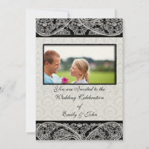 Monogram Black Damask Wedding Invitation Photo