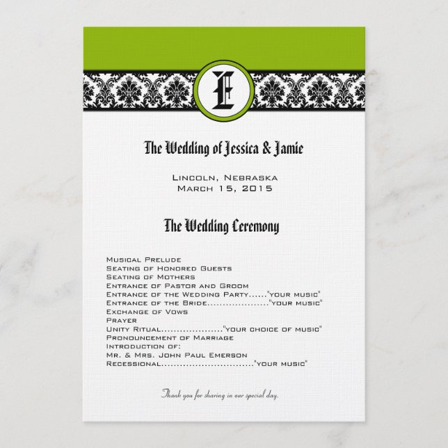 Monogram Black Damask Wedding Program Programme (Front)