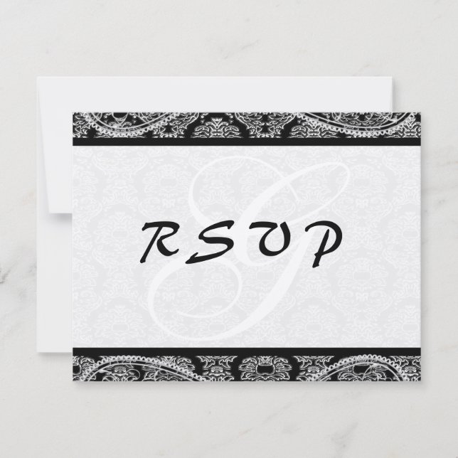 Monogram Black Damask Wedding Response RSVP (Front)