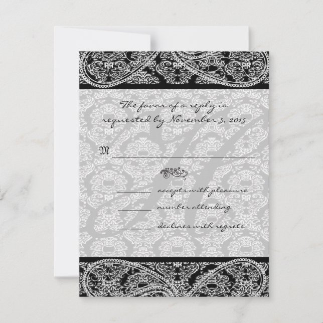 Monogram Black Damask Wedding Response RSVP (Front)
