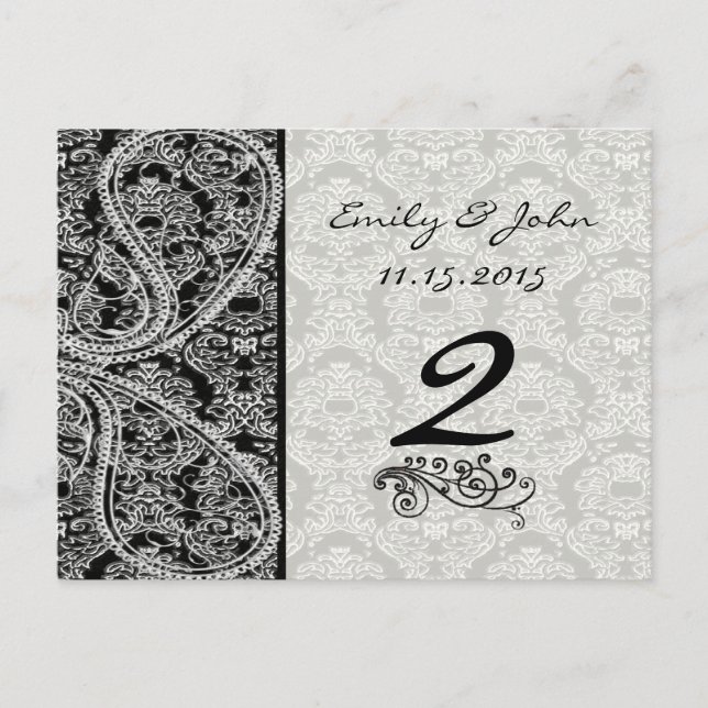 Monogram Black Damask Wedding Table Number Cards (Front)