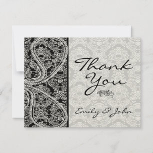 Monogram Black Damask Wedding Thank You Cards