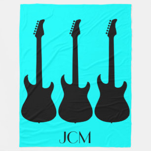 Monogram Black Electric Guitars on Aqua Blue Fleece Blanket