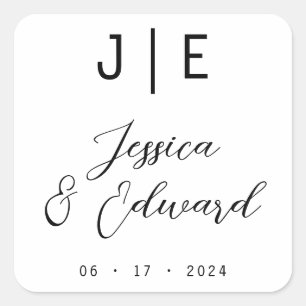 Monogram Black Elegant Script Couple Name Modern Square Sticker
