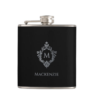 Monogram Black Elegant Vintage Crest Grey Name Hip Flask
