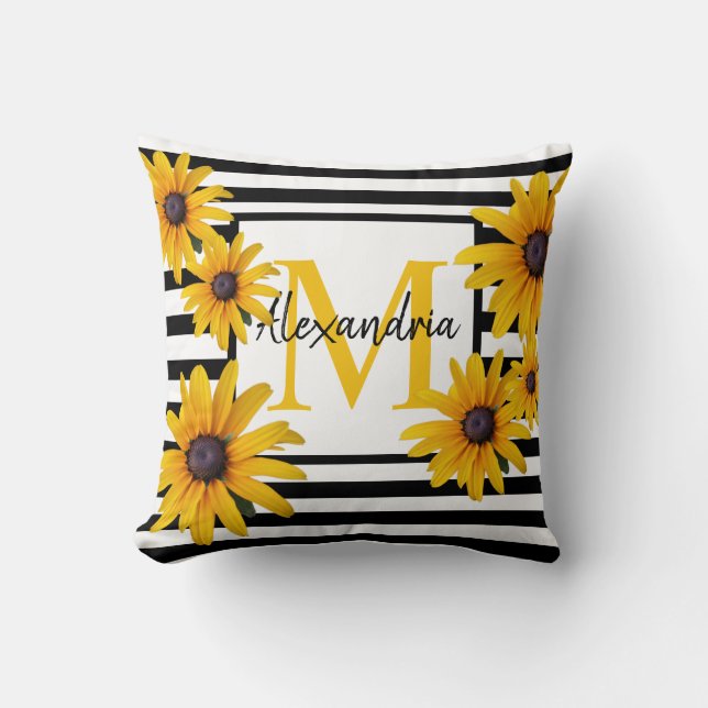 Monogram Black-Eyed Susan Yellow Black Stripe Cushion (Front)