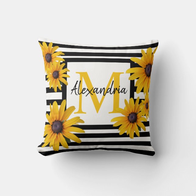 Monogram Black Eyed Susan Yellow Black Stripe Cushion (Front)
