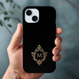 Monogram Black Faux Gold Crest Elegant Initial  iPhone 15 Case