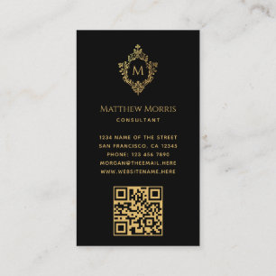 Monogram Black Faux Gold Crest Elegant QR on Back Business Card