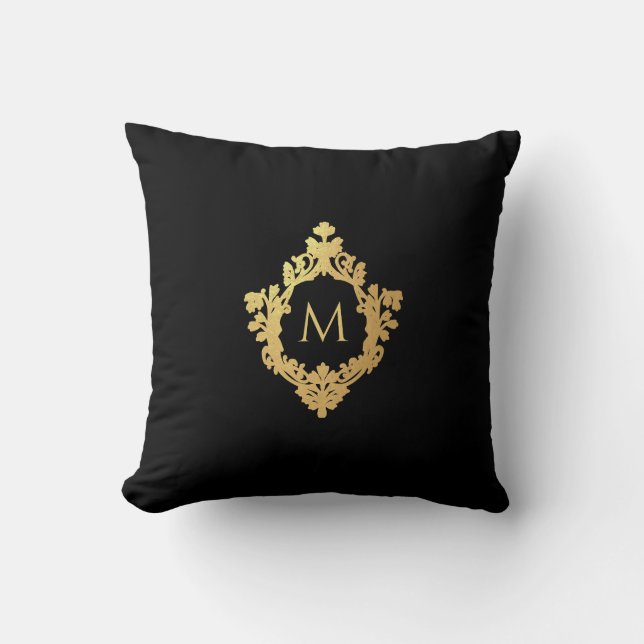 Monogram Black Faux Gold Crest Elegant Vintage  Cushion (Front)