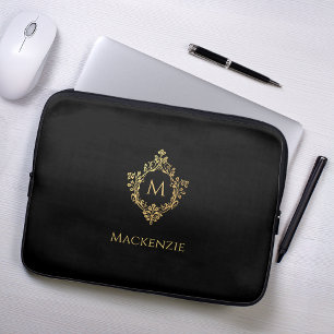Monogram Black Faux Gold Elegant Vintage Crest  Laptop Sleeve