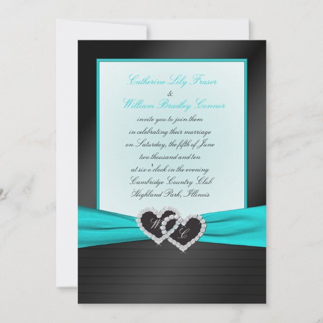 Monogram Black FAUX Satin Pleats with Aqua Invite (Front)