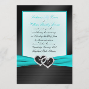 Monogram Black FAUX Satin Pleats with Aqua Invite