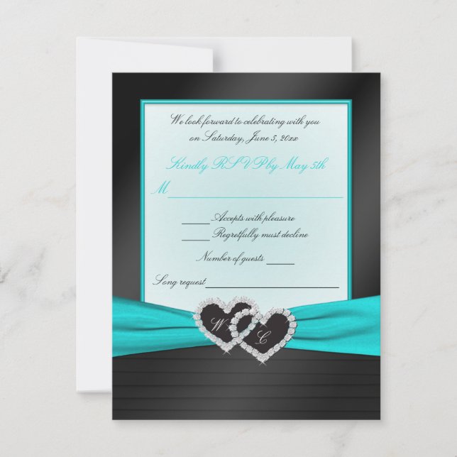 Monogram Black FAUX Satin Pleats with Aqua RSVP (Front)