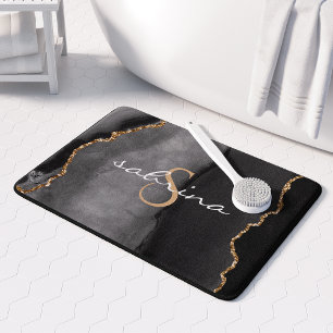 Monogram Black Gold Agate Geode Bath Mat