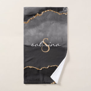 Monogram Black Gold Agate Geode Hand Towel