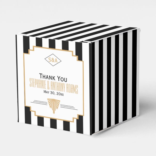 Monogram Black, Gold and White Art Deco Wedding Favour Box (Front Side)