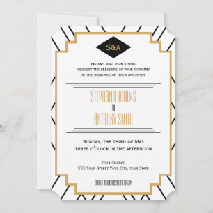 Monogram Black, Gold and White Art Deco Wedding Invitation