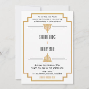 Monogram Black, Gold and White Art Deco Wedding Invitation
