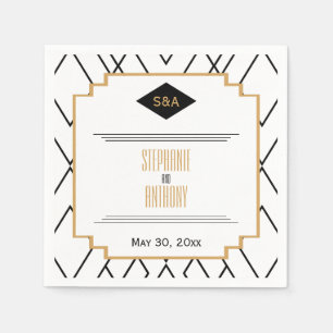 Monogram Black, Gold and White Art Deco Wedding Napkin