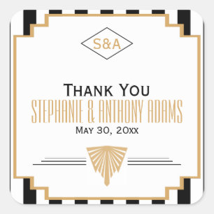 Monogram Black, Gold and White Art Deco Wedding Square Sticker