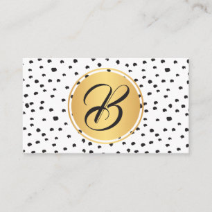 Monogram black, gold and white polka dots business card