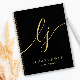 Monogram Black Gold Calligraphy 2 Initials Script Notebook