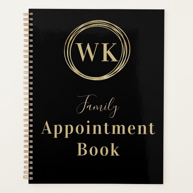 Monogram Black Gold Circle Family Appointment Book Planner (Front)