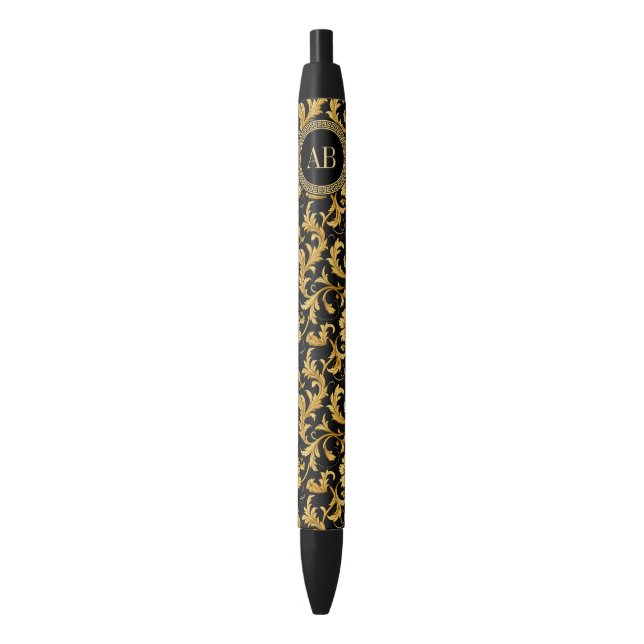 Monogram Black Gold Classy Elegant Pattern Ink Pen (Front Vertical)