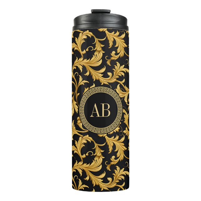 Monogram Black Gold Classy Elegant Pattern Thermal Tumbler (Front)