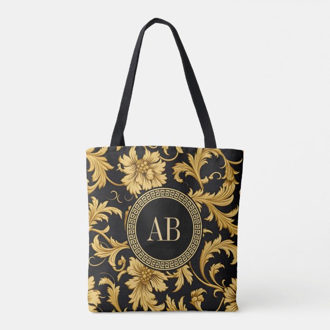 Monogram Black Gold Classy Elegant Pattern Tote Bag (Back)