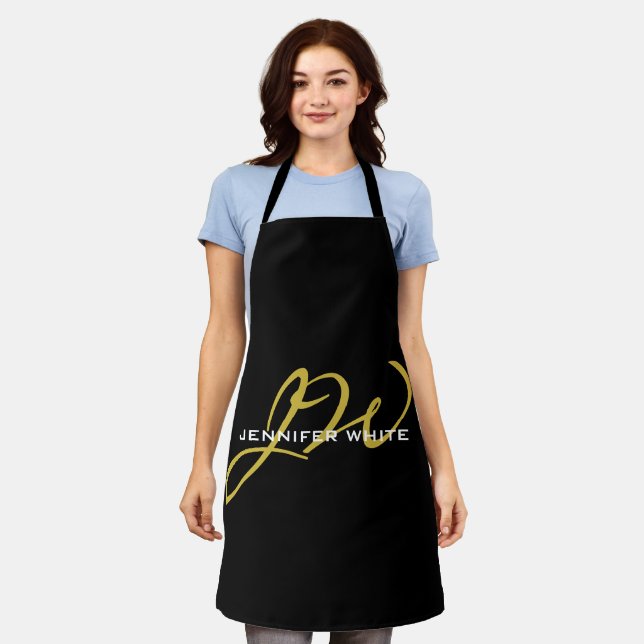 Monogram Black Gold Colour Plain Modern Own Name Apron (Worn)
