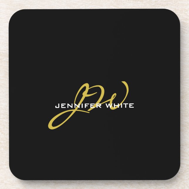 Monogram Black Gold Colour Plain Modern Own Name Coaster (Front)