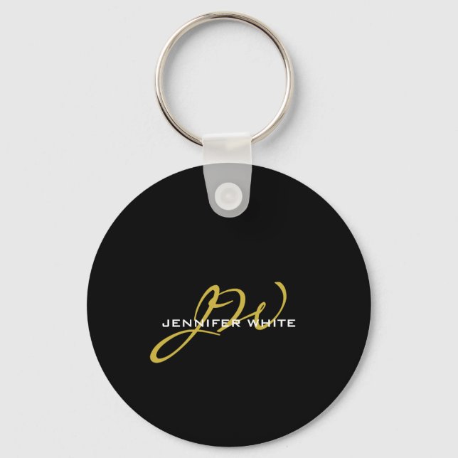 Monogram Black Gold Colour Plain Modern Own Name Key Ring (Front)