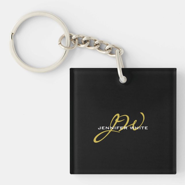Monogram Black Gold Colour Plain Modern Own Name Key Ring (Front)