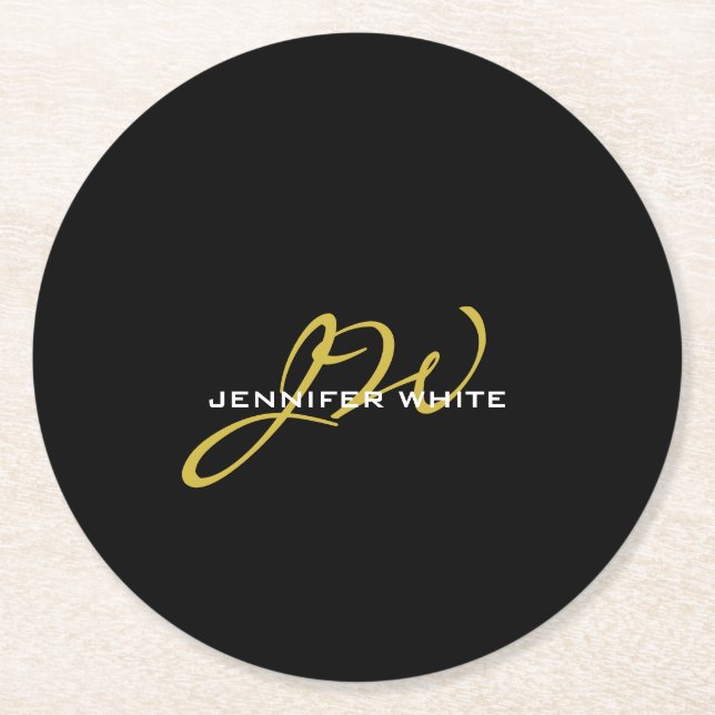 Monogram Black Gold Colour Plain Modern Own Name Round Paper Coaster (Front)