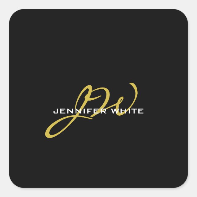 Monogram Black Gold Colour Plain Modern Own Name Square Sticker (Front)