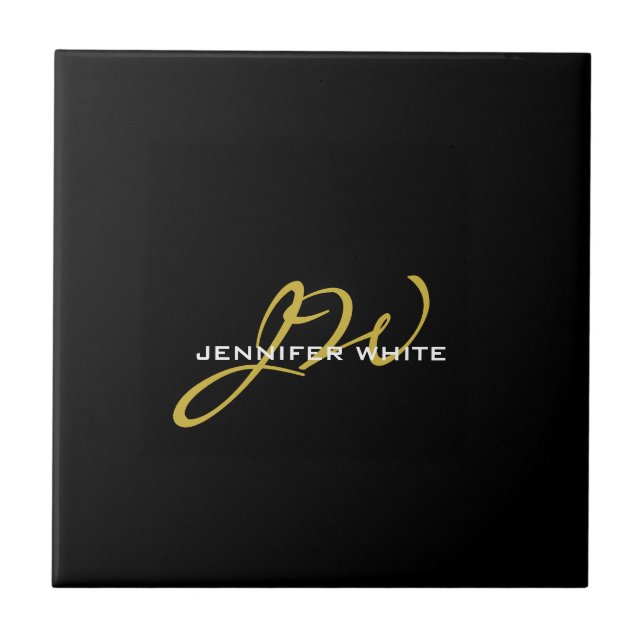 Monogram Black Gold Colour Plain Modern Own Name Tile (Front)