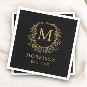 Monogram Black Gold Crest Botanical Wedding Napkin