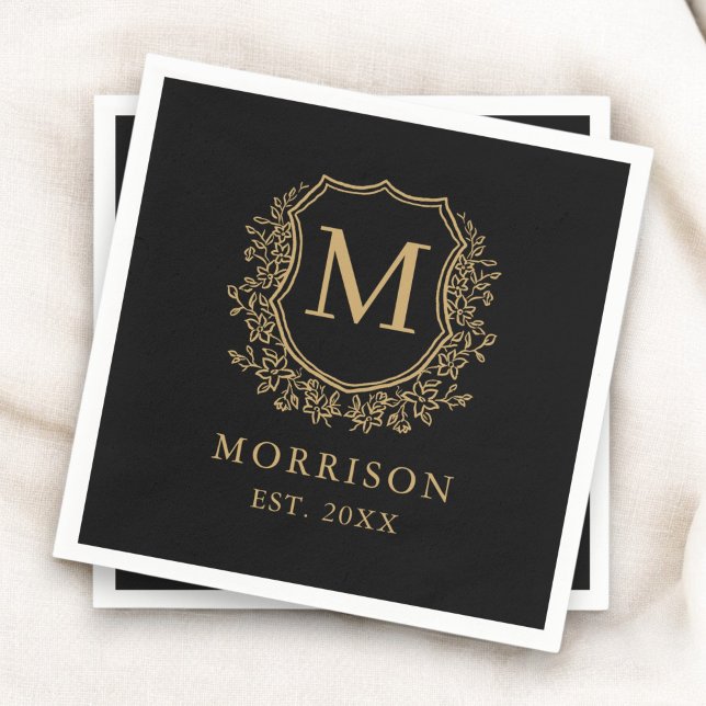 Monogram Black Gold Crest Botanical Wedding  Napkin (Creator Uploaded)