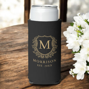 Monogram Black Gold Crest Botanical Wedding  Seltzer Can Cooler