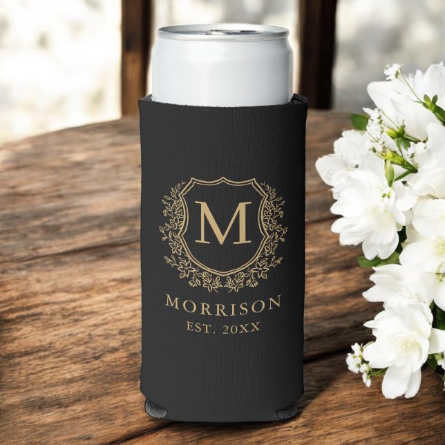 Monogram Black Gold Crest Botanical Wedding  Seltzer Can Cooler (Creator Uploaded)