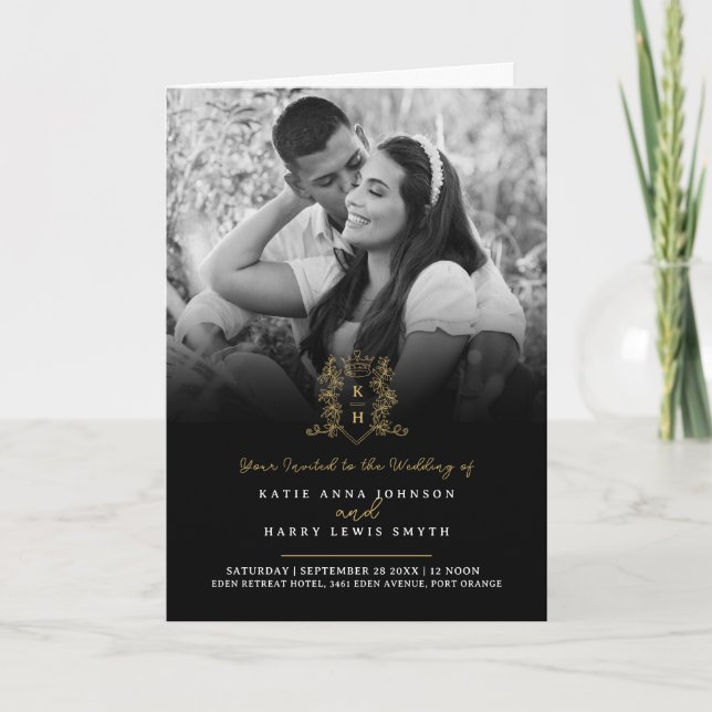 Monogram black gold crown wedding meal option RSVP Invitation (Front)