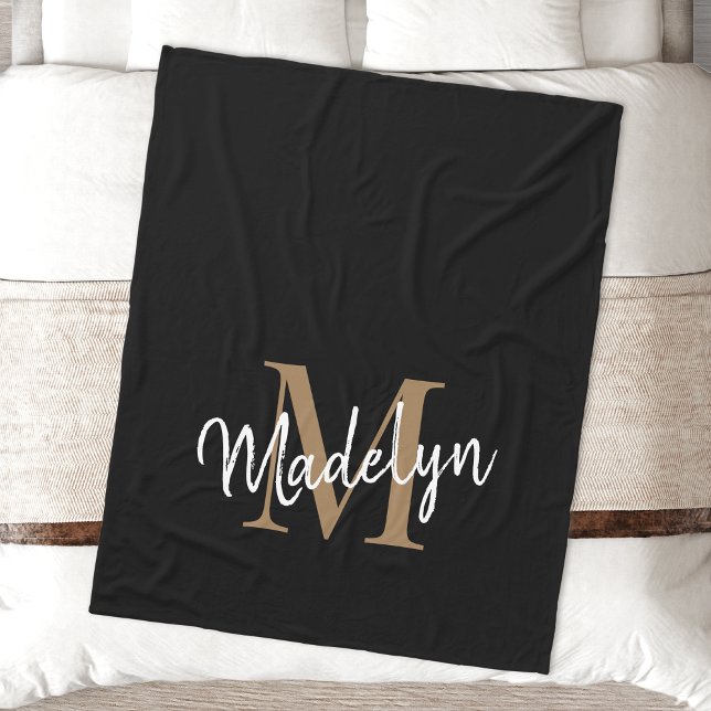 Monogram Black Gold Elegant Feminine Chic Script Fleece Blanket (Creator Uploaded)