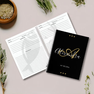 Monogram Black Gold Elegant Script Name Recipe Notebook