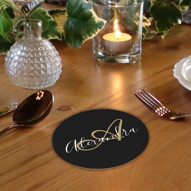 Monogram Black Gold Elegant Script Name Round Paper Coaster (Monogram Black Gold Elegant Script Name Round Paper Coaster)