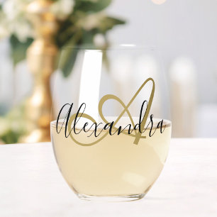 Monogram Black Gold Elegant Script Name Stemless Wine Glass