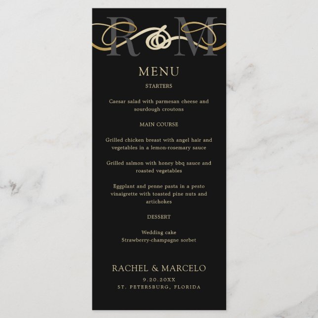 Monogram Black Gold Elegant Wedding Menu (Front)