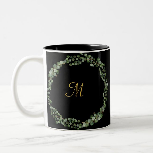MONOGRAM BLACK GOLD EUCALYPTUS 2 COFFEE MUG (Left)
