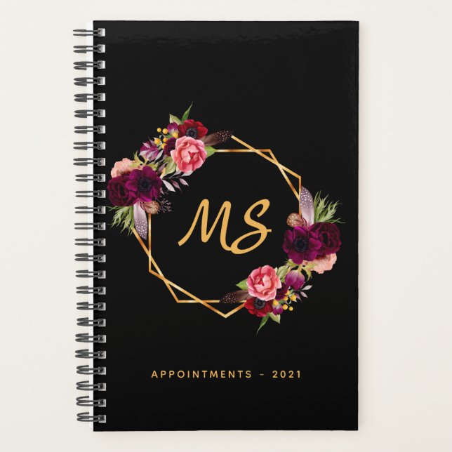 Monogram black gold geometric burgundy floral planner (Front)